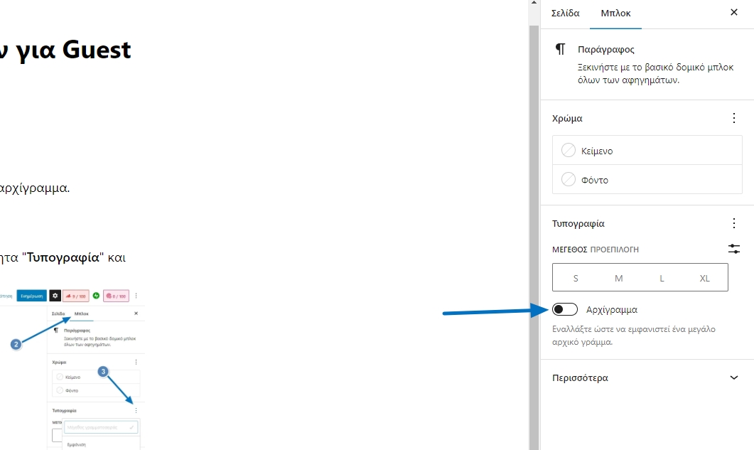 Οδηγίες Μορφοποίησης των Άρθρων για Guest Bloggers 3 Αρχίγραμμα στο WordPress Gutenberg