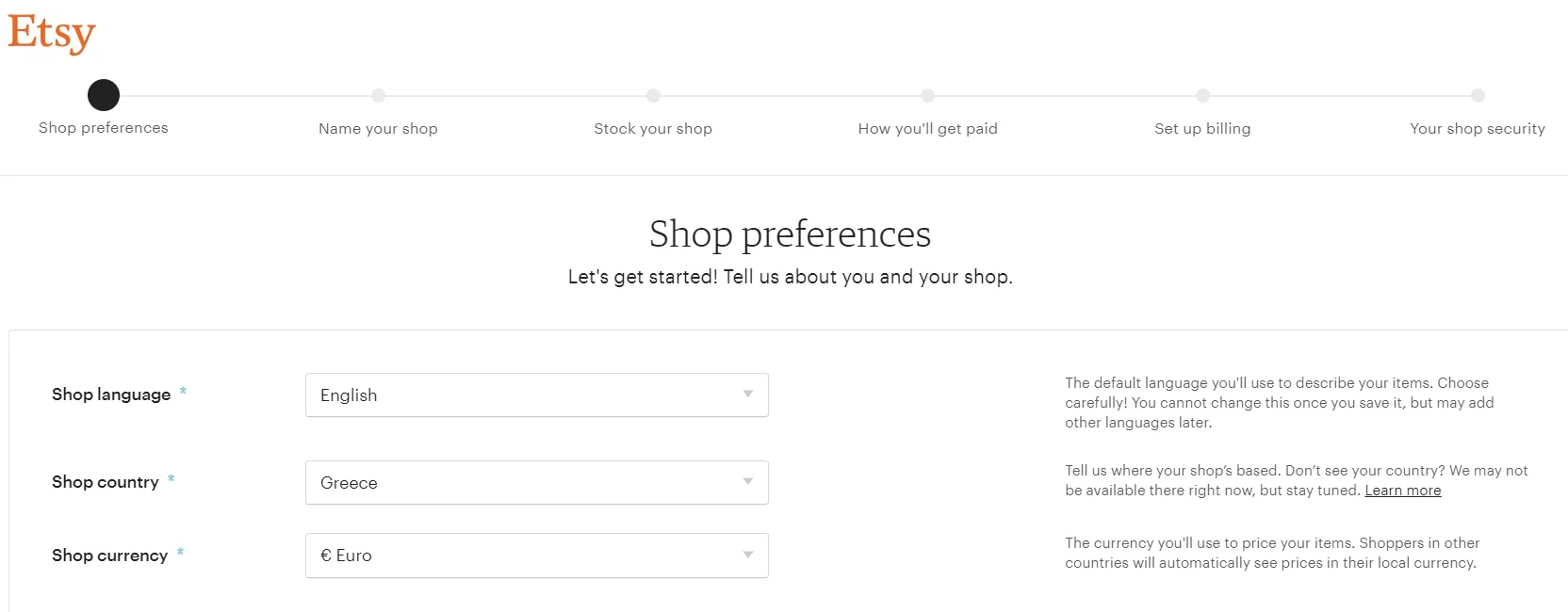 Etsy - Shop Preferences