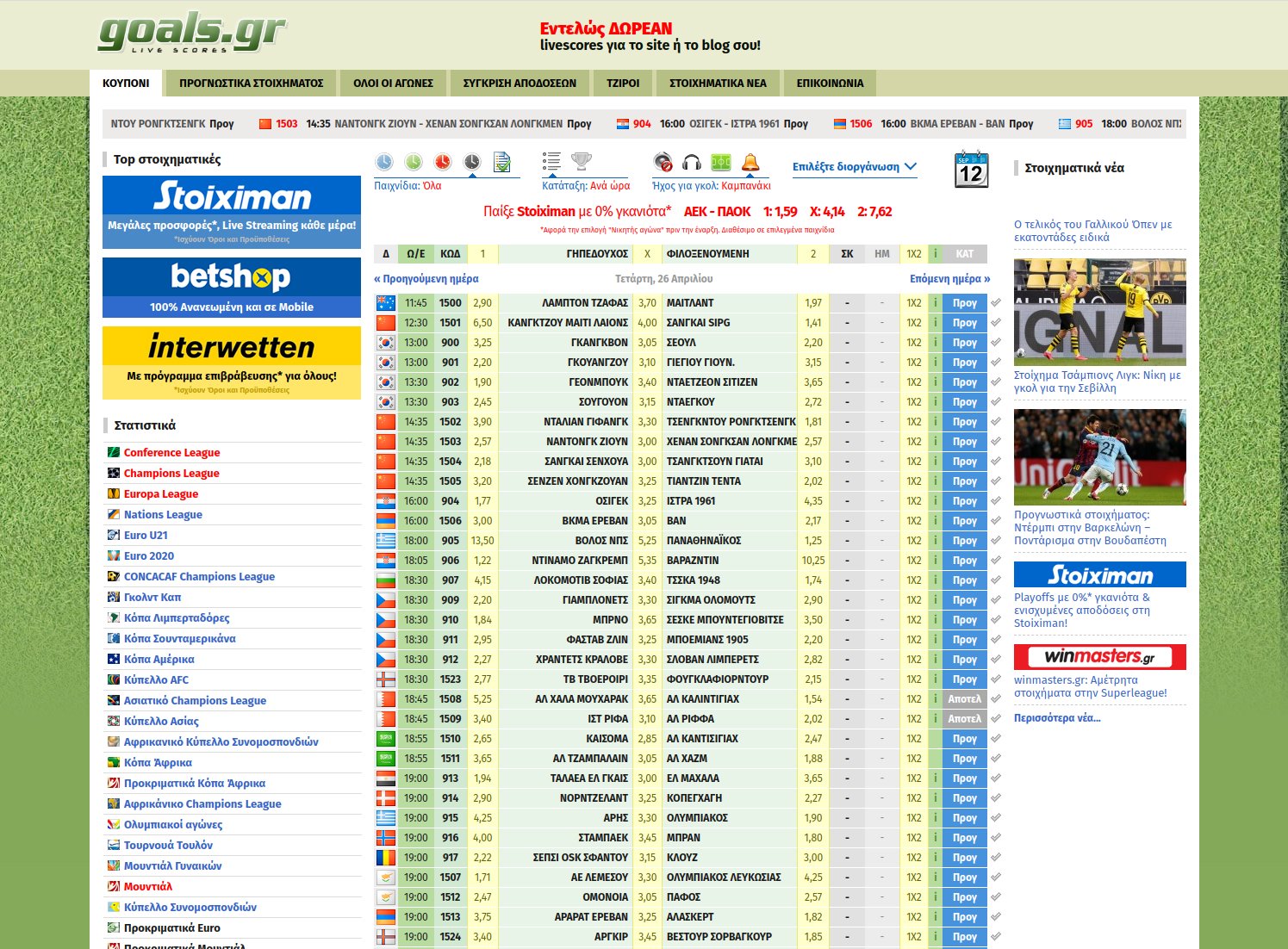 Live Scores Αγώνων για Ποδόσφαιρο, Τένις, Μάσκετ (2026) 4 Goals.gr