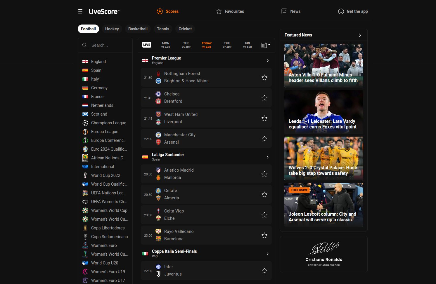 Live Scores Αγώνων για Ποδόσφαιρο, Τένις, Μάσκετ (2026) 2 LiveScore.com
